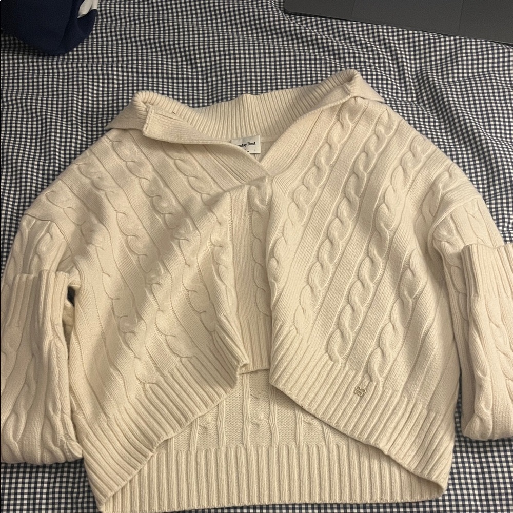 Sunday Best Aritzia Cream Cable Knit Cardigan collared